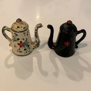 Tiny antique metal pitcher salt and pepper shaker set